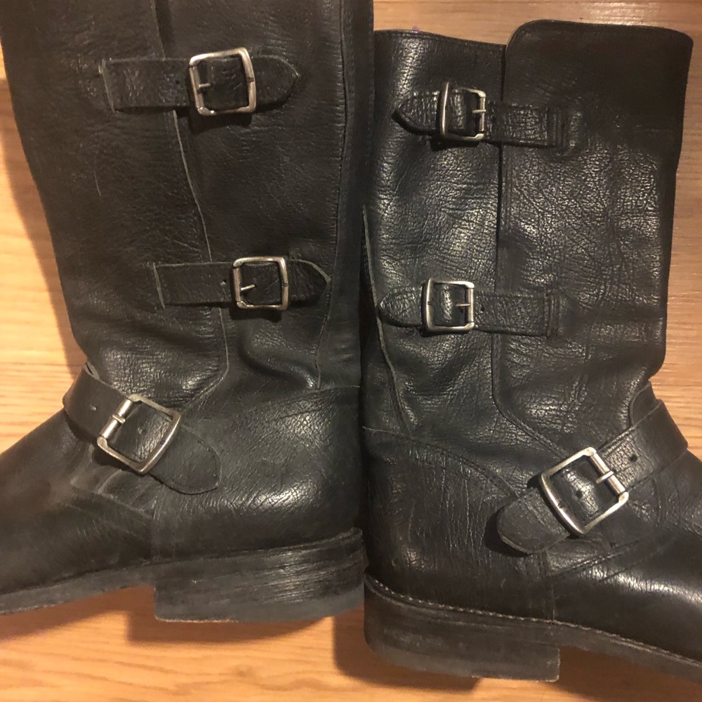 Frye - black leather boots size 10, silver accent buckles with zipper inside